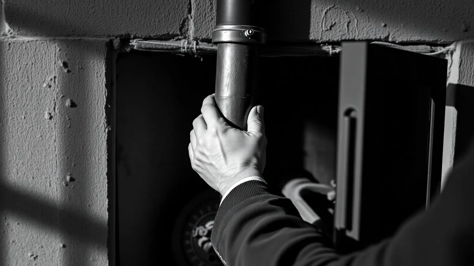 Hantverkare ansluter ett rökrör vid braskamininstallation
