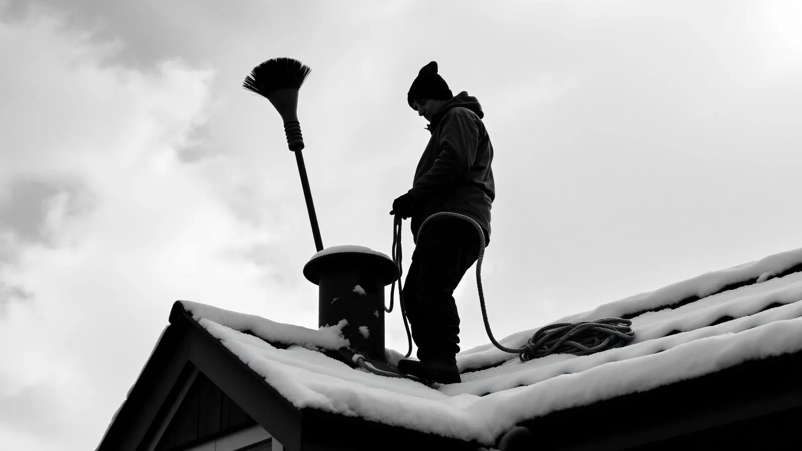 Skorstensfejare med sopningsverktyg på ett snötäckt tak
